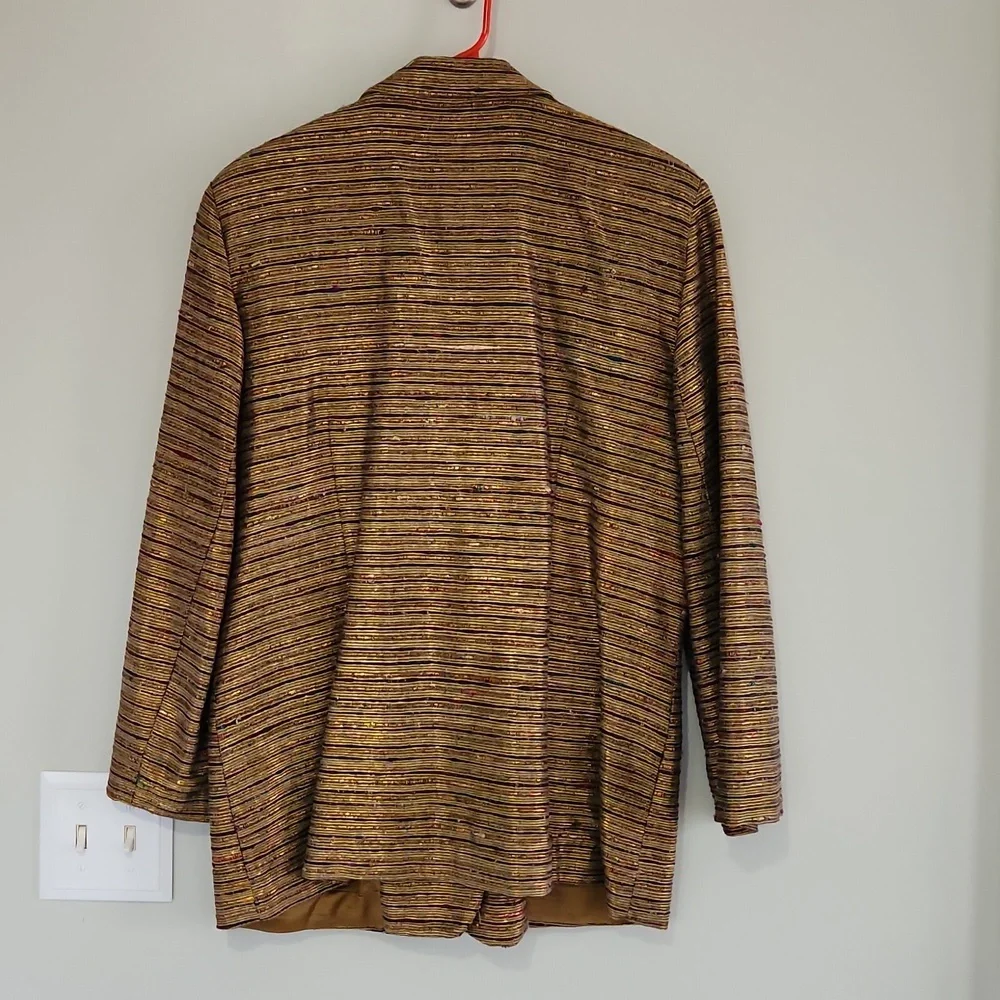 Vintage Gold Striped Vinci 100% Silk Blazer Jacket 12 metallic shiny sport coat - Picture 5 of 5